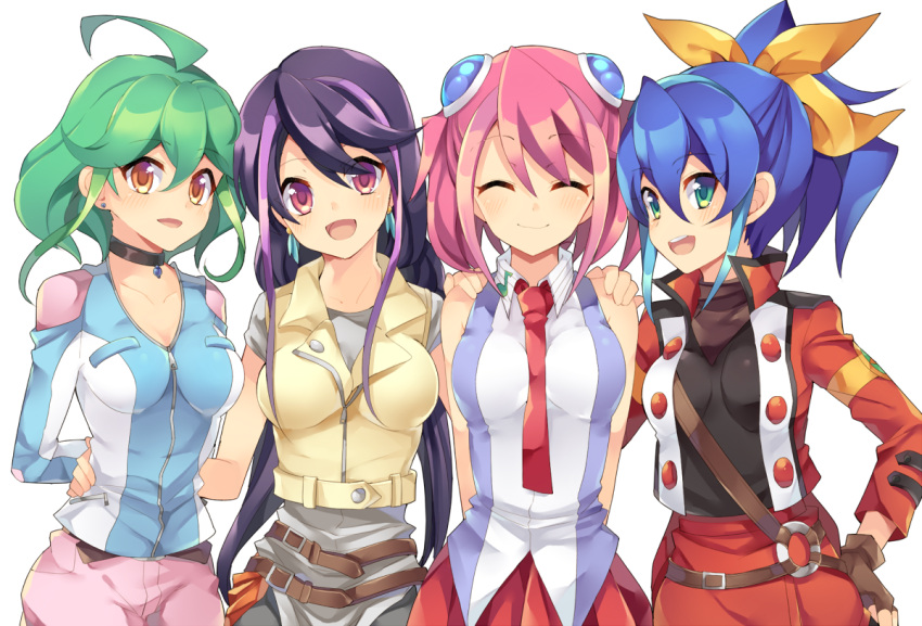 4girls, :d, ahoge, belt, blue_hair, bow, bracelet_girls, choker, closed_eyes, earrings, fingerless_gloves, gloves, green_eyes, green_hair, hair_bow, hiiragi_yuzu, jacket, jewelry, kurosaki_ruri, multicolored_hair, multiple_girls, necktie, open_mouth, pink_eyes, pink_hair, ponytail, purple_hair, rento_(rukeai), rin_(yuu-gi-ou_arc-v), serena_(yuu-gi-ou_arc-v), short_twintails, simple_background, sleeveless, smile, twintails, two-tone_hair, white_background, yellow_eyes, yuu-gi-ou, yuu-gi-ou_arc-v, zipper