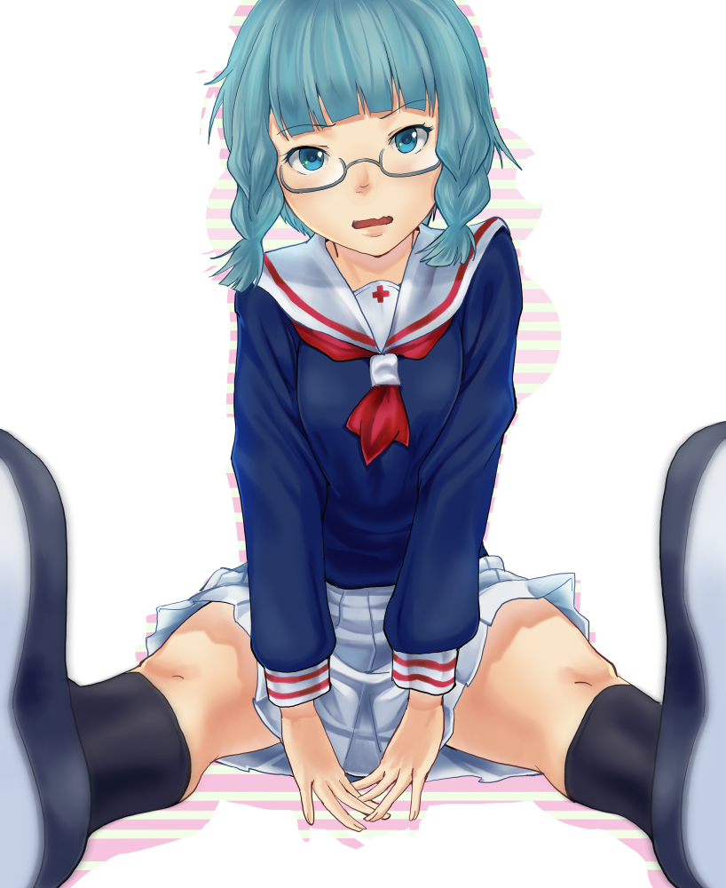 1girl, aona_(kuuga19yuu), bangs, blue_eyes, blue_hair, female, foreshortening, glasses