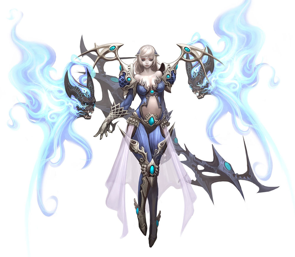 atlantica_online, bare_shoulders, fantasy, long_hair, magic, midriff, staff, verdandi, white_hair