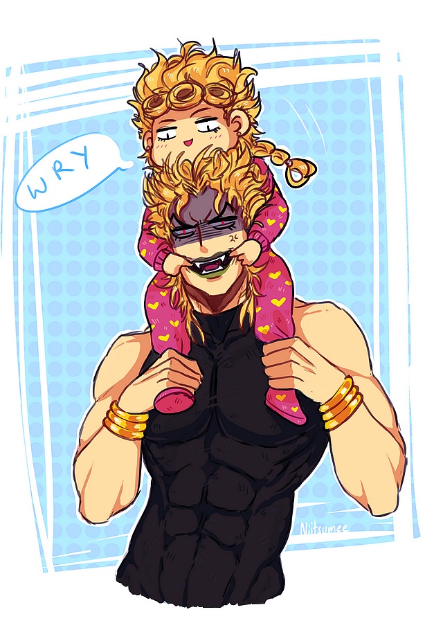 2boys, abs, anger_vein, artist_name, blonde_hair, carrying, dio_brando, fangs, father_and_son, giorno_giovanna, green_lipstick, heart_print, jojo_no_kimyou_na_bouken, lipstick, makeup, male_focus, mouth_pull, multiple_boys, muscle, niitsumee, pajamas, polka_dot, polka_dot_background, red_eyes, shoulder_carry, signature, wrist_cuffs, younger