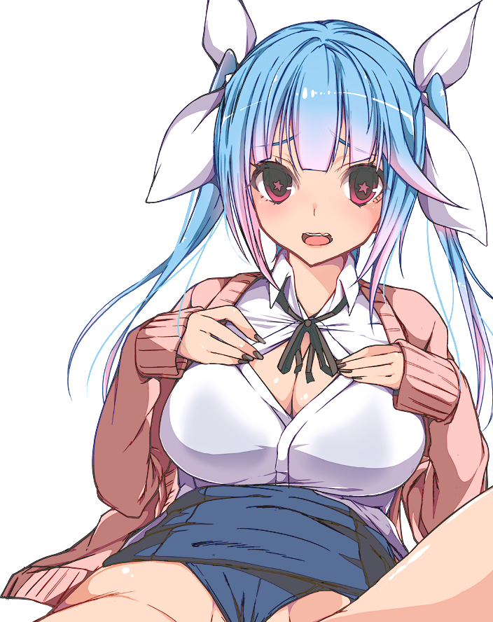 1girl, blue_hair, bow, bra, breasts, bun_(hiyokomame), cardigan, cleavage