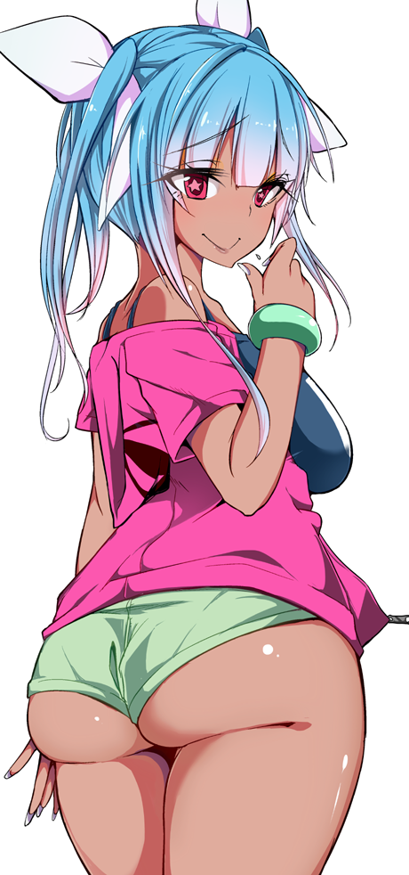 1girl, :>, ass, bare_shoulders, blue_hair, bow, bracelet, breasts, bun_(hiyokomame), fingernails, from_behind, gradient_hair, hair_bow, hand_to_own_mouth, i-19_(kantai_collection), jewelry, kantai_collection, large_breasts, long_fingernails, looking_back, multicolored_hair, nail_polish, no_panties, red_eyes, short_shorts, shorts, smile, solo, star, star-shaped_pupils, symbol-shaped_pupils, tan, twintails, two-tone_hair, zipper