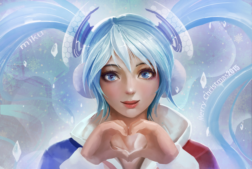 1girl, 2015, blue_eyes, blue_hair, character_name, coat, earmuffs, hatsune_miku