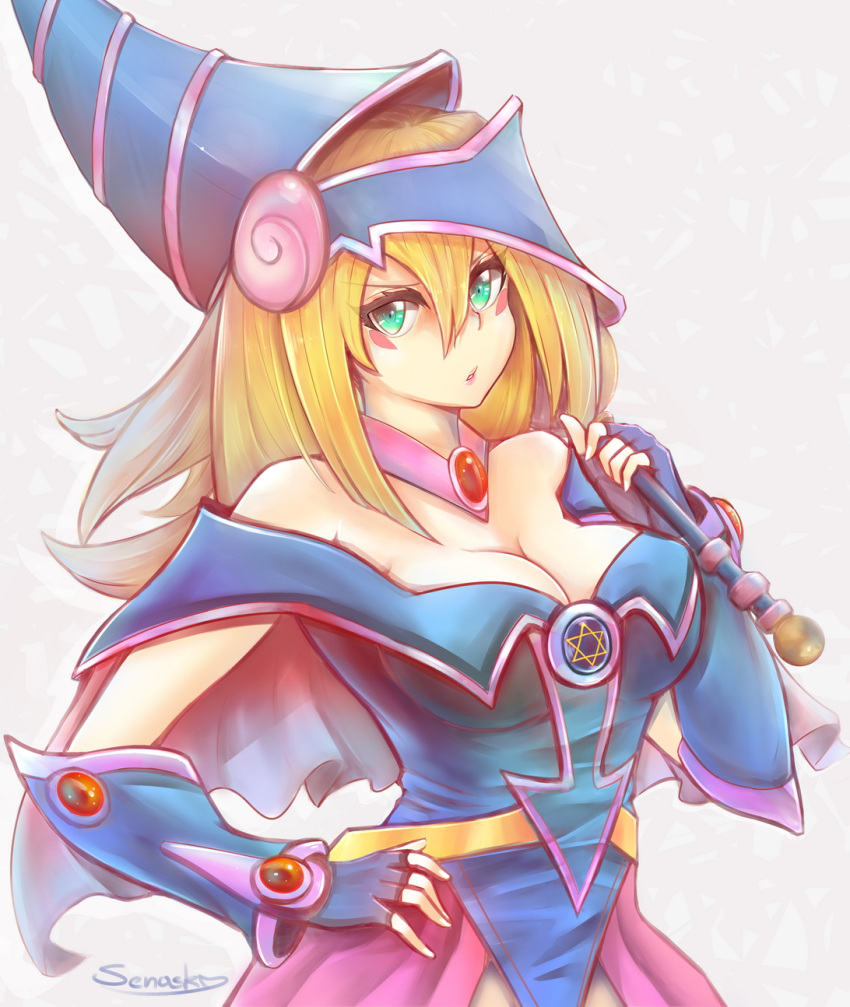 >:o, 1girl, :o, bare_shoulders, blonde_hair, blue_gloves, blush_stickers, breasts