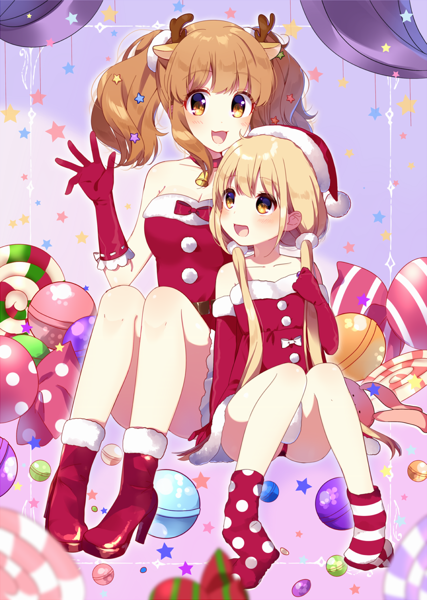 2girls, :d, antlers, bangs, bare_shoulders, bell, bell_choker, blonde_hair