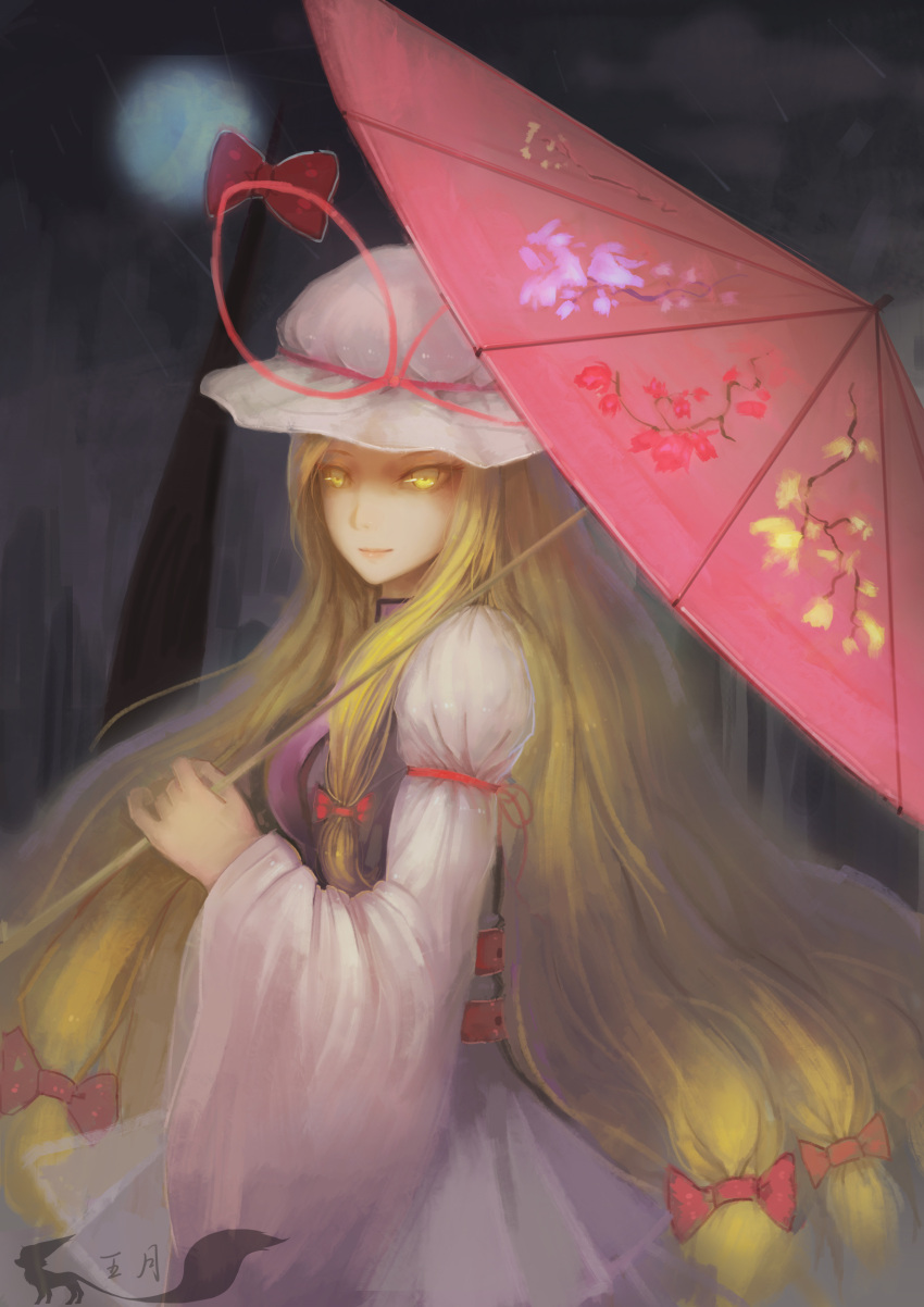 1girl, absurdres, arm_ribbon, big_hair, blonde_hair, bow, breasts, clouds