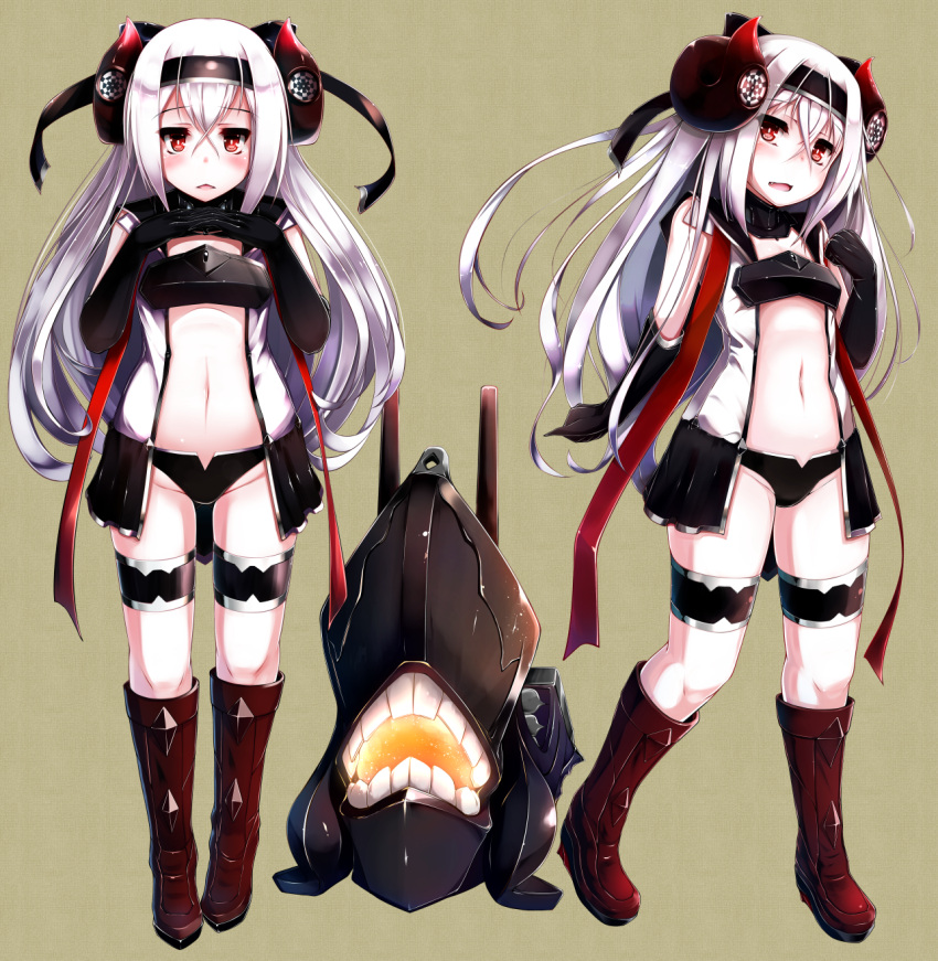 2girls, air_defense_hime, black_gloves, elbow_gloves, fuuki_(nicoseiga), gloves, groin, headband, headgear, highres, kantai_collection, long_hair, looking_at_viewer, machinery, multiple_girls, navel, pale_skin, red_eyes, shinkaisei-kan, white_hair