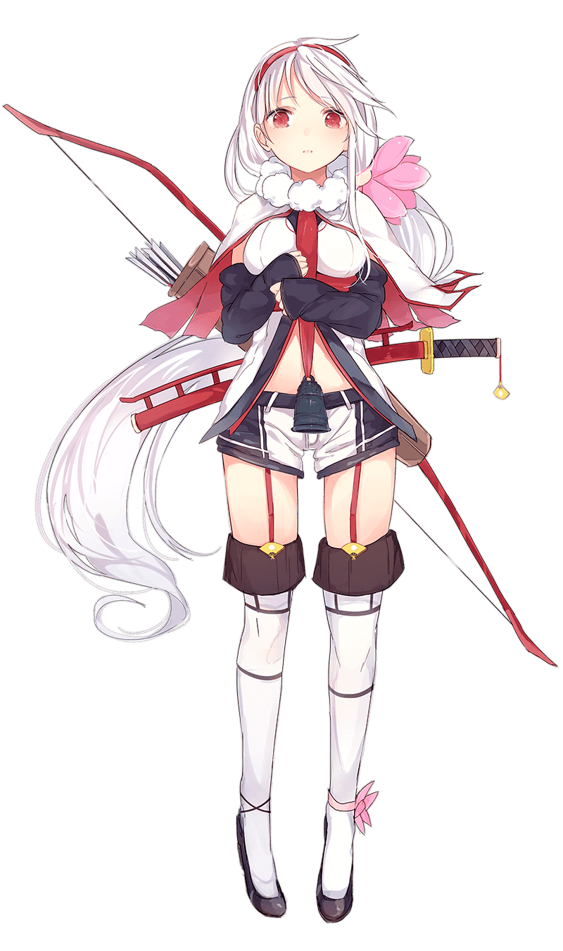 1girl, ankle_strap, arrow, bell, blush, boots, bow, capelet, detached_sleeves, flower, frown, garter_straps, geta, hair_flower, hair_ornament, hairband, high_heels, highres, kojiki-life, kubota_(shirohime_quest), long_hair, looking_at_viewer, low_ponytail, midriff, obi, official_art, pink_eyes, quiver, sash, sheath, sheathed, shirohime_quest, short_shorts, shorts, solo, sword, thigh-highs, thigh_boots, transparent_background, very_long_hair, wakizashi, weapon, white_boots, white_hair, white_shirt, yumi_(bow)