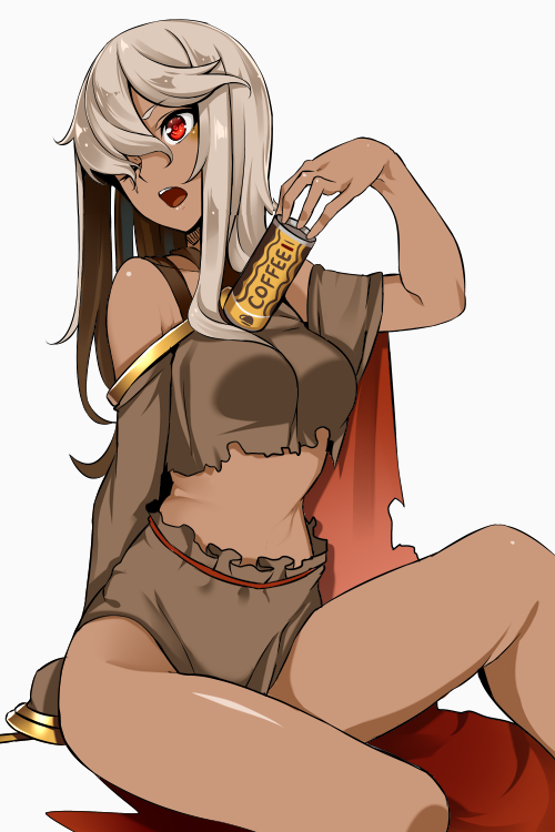 1girl, albino, bangs, between_breasts, can, coffee, dark_skin, hair_between_breasts