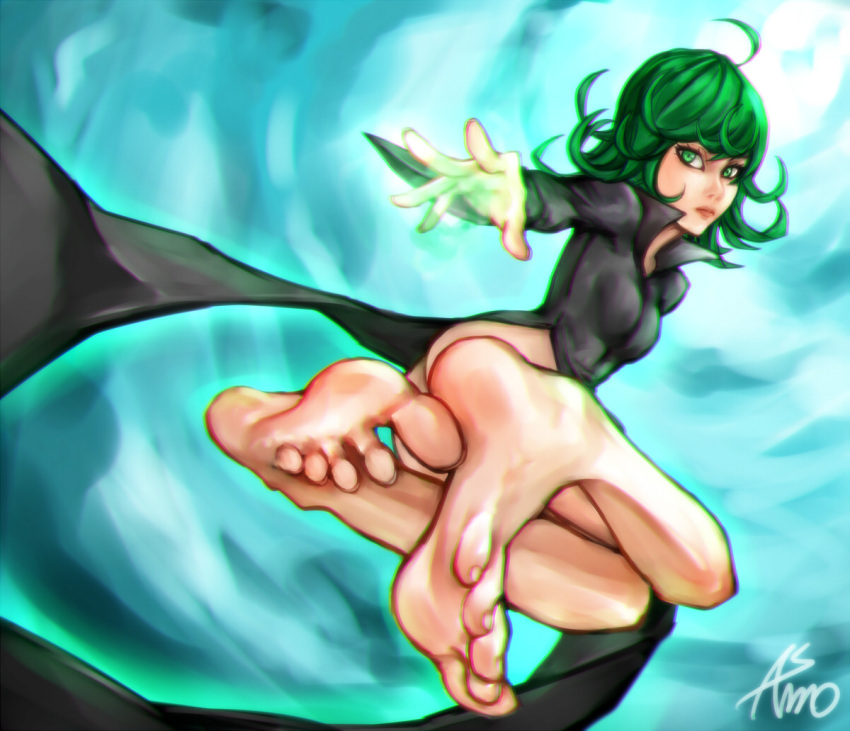 1girl, ahoge, asmo_deus, barefoot, black_dress, curly_hair, dress, feet, foreshortening, glowing, green_eyes, green_hair, legs, lips, onepunch_man, short_hair, soles, solo, tatsumaki, toes