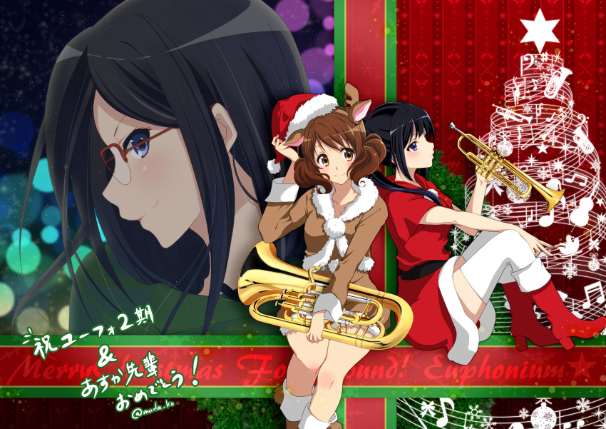 absurdres, antlers, black_hair, boots, brown_eyes, brown_hair, christmas, christmas_tree