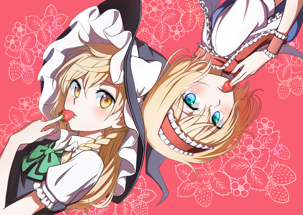 2girls, alice_margatroid, armlet, black_dress, blonde_hair, blue_dress, blue_eyes, blush