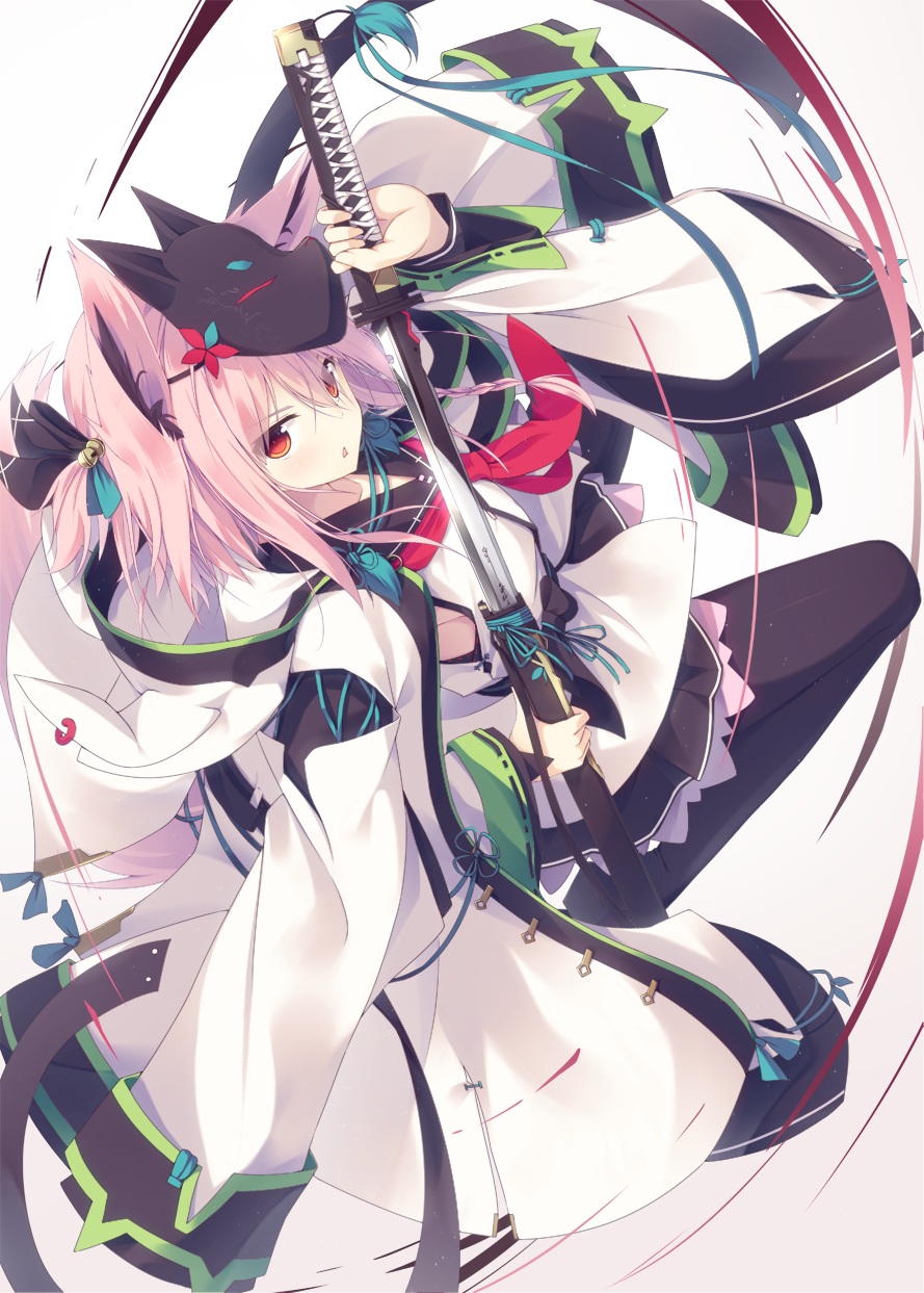 1girl, animal_ears, brown_eyes, highres, japanese_clothes, katana, mask, original
