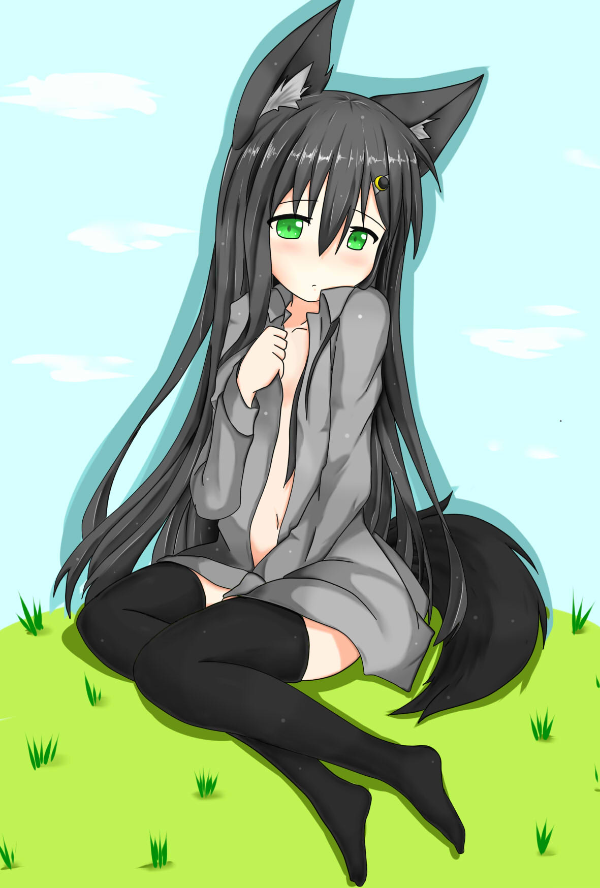 1girl, animal_ears, black_hair, cover_(artist), expressionless, flat_chest, fox_ears, fox_tail, green_eyes, highres, long_hair, navel, original, shirt, sitting, tail, thigh-highs, yokozuwari