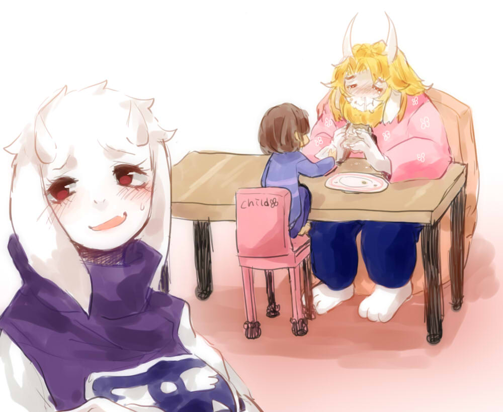 1boy, 1girl, androgynous, asgore_dreemurr, beard, blonde_hair, blush, brown_hair