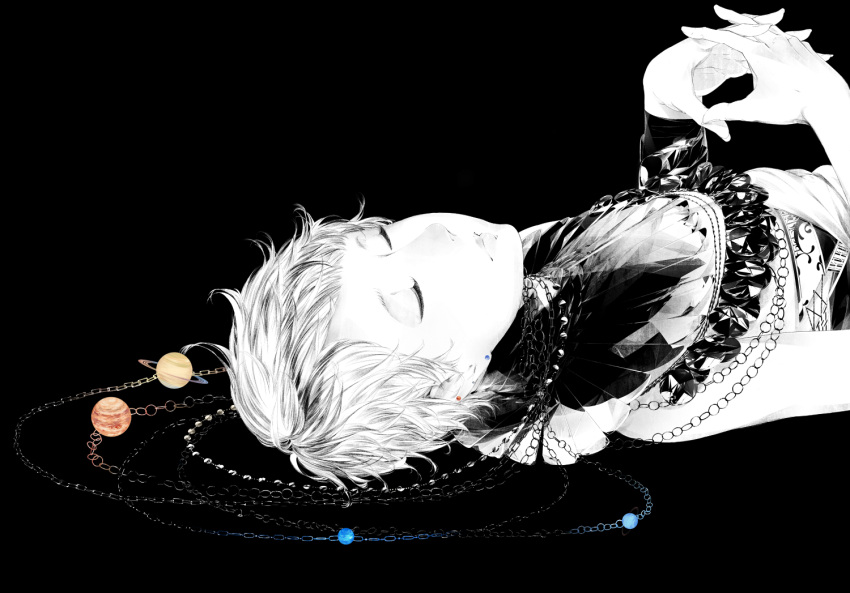 1girl, black_background, chain, interlocked_fingers, jupiter, lying, monochrome, neptune_(planet)