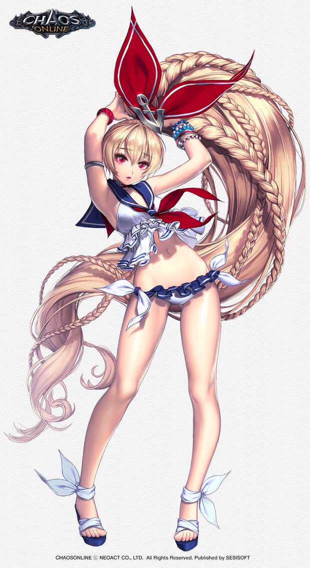 1girl, absurdly_long_hair, anchor_hair_ornament, armband, arms_up, artist_request, blonde_hair, bow