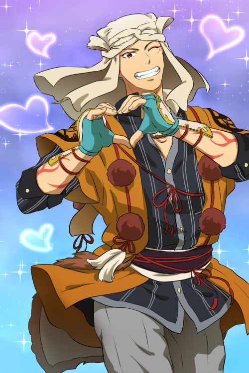 1boy, grin, headdress, heart, heart_hands, japanese_clothes, jigoku_meguri, male_focus