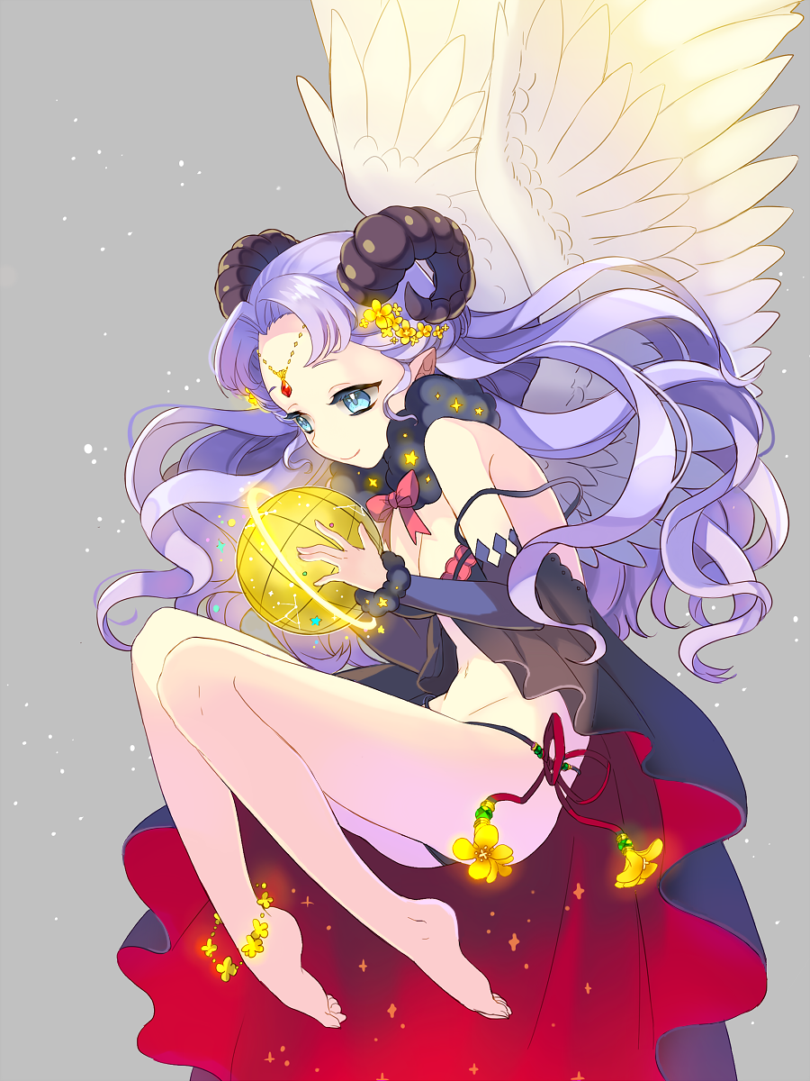 1girl, anklet, bare_shoulders, barefoot, blue_eyes, breasts, cleavage, detached_sleeves