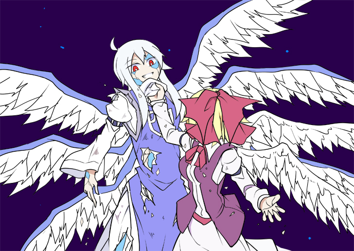 2girls, battle, blonde_hair, gengetsu, hair_ribbon, kenuu_(kenny), lifting_person, multiple_girls