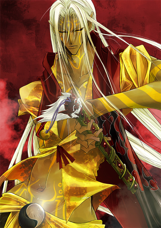 apothecary, dark_skin, demon_form, facial_mark, facial_tattoo, katana, kusuriuri, kusuriuri_(dark)