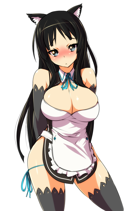 1girl, akiyama_mio, alternate_costume, animal_ears, arms_behind, arms_behind_back, bare_shoulders, black_hair, black_legwear, black_thighhighs, blue_eyes, blush, breasts, cat_ears, cleavage, cosplay, dream_c_club, elbow_gloves, enmaided, futaba_riho, futaba_riho_(cosplay), gloves, huge_breasts, k-on!, looking_at_viewer, maid, nekomamire, ringed_eyes, simple_background, solo, thighhighs, zettai_ryouiki