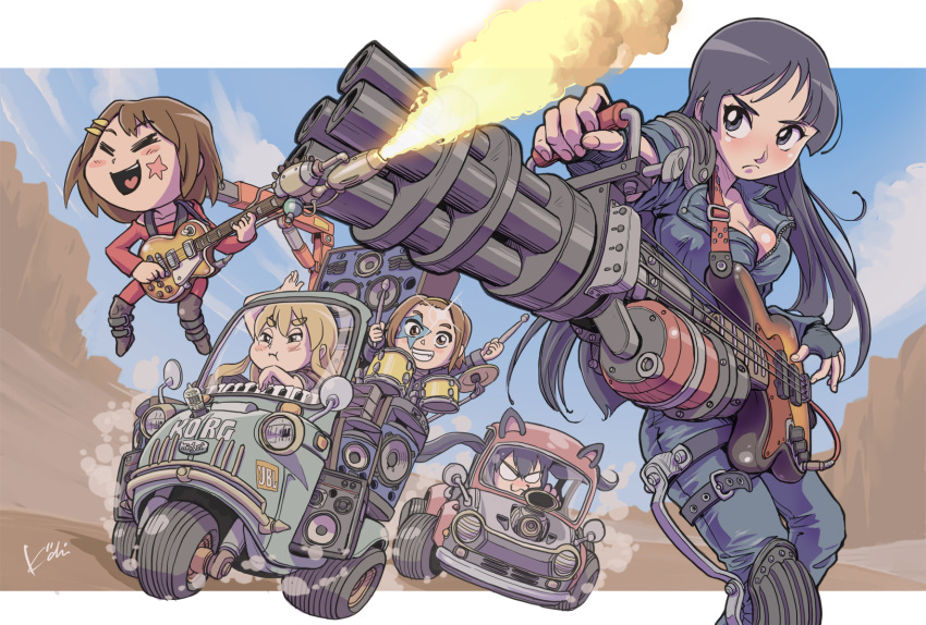 akiyama_mio, car, crossover, flamethrower, gatling_gun, guitar, gun, highres