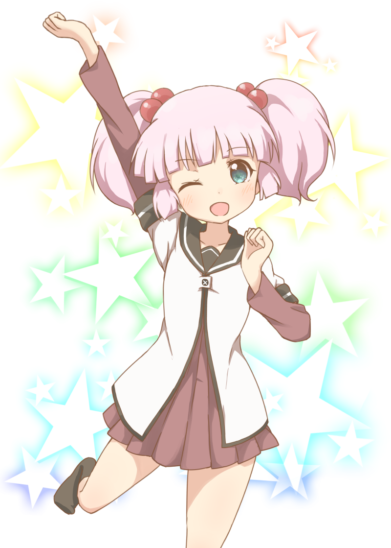 aki_inu, hair_ornament, one_eye_closed, open_mouth, pink_hair, school_uniform, twintails, yoshikawa_chinatsu, yuru_yuri