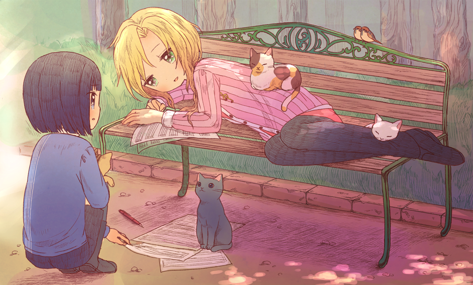 2girls, androgynous, bench, bird, black_hair, blonde_hair, blue_eyes, blush
