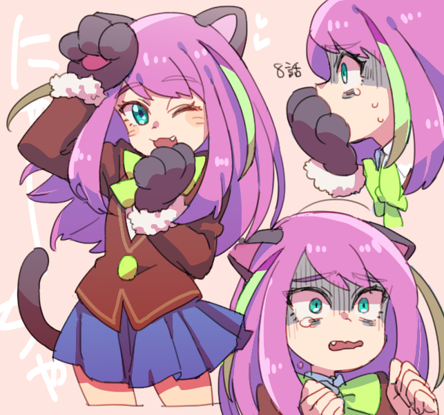 1girl, ;), ;3, animal_ears, aqua_eyes, blazer, blue_skirt, cat_ears, covering_mouth, expressions, fang, fur_trim, gloves, hashimoto_nyaa, heart, long_hair, multicolored_hair, noruberusu, one_eye_closed, osomatsu-san, paw_gloves, pink_background, pink_hair, ribbon, school_uniform, shaded_face, simple_background, skirt, smile, solo, streaked_hair, tail, tearing_up, whisker_markings