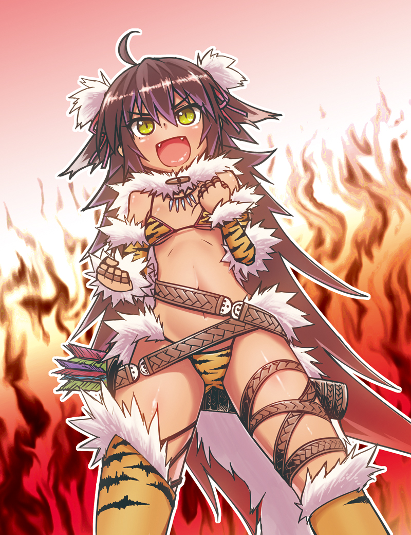 >:d, 1girl, :d, ahoge, arrow, bella_(sennen_sensou_aigis), belt, bikini