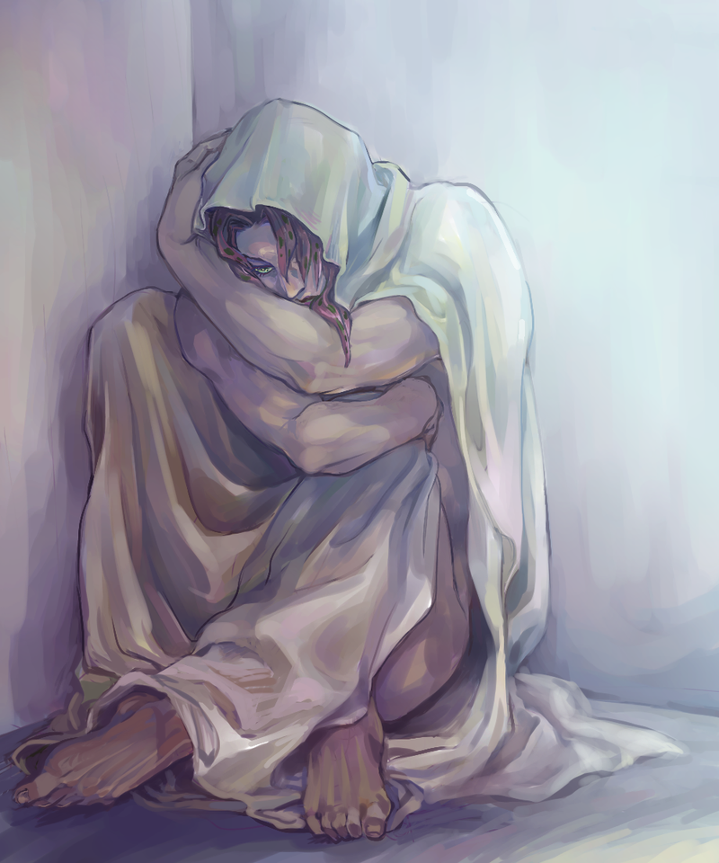 1boy, 74-gou_(73-gou), diavolo, fetal_position, full_body, green_eyes, jojo_no_kimyou_na_bouken, leg_hug, male_focus, naked_sheet, pink_hair, sitting, sitting_in_corner, solo