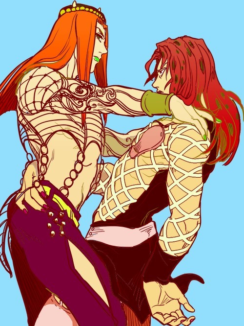 74-gou_(73-gou), arm_around_waist, cosplay, costume_switch, diavolo, diavolo_(cosplay), fishnets, green_lipstick