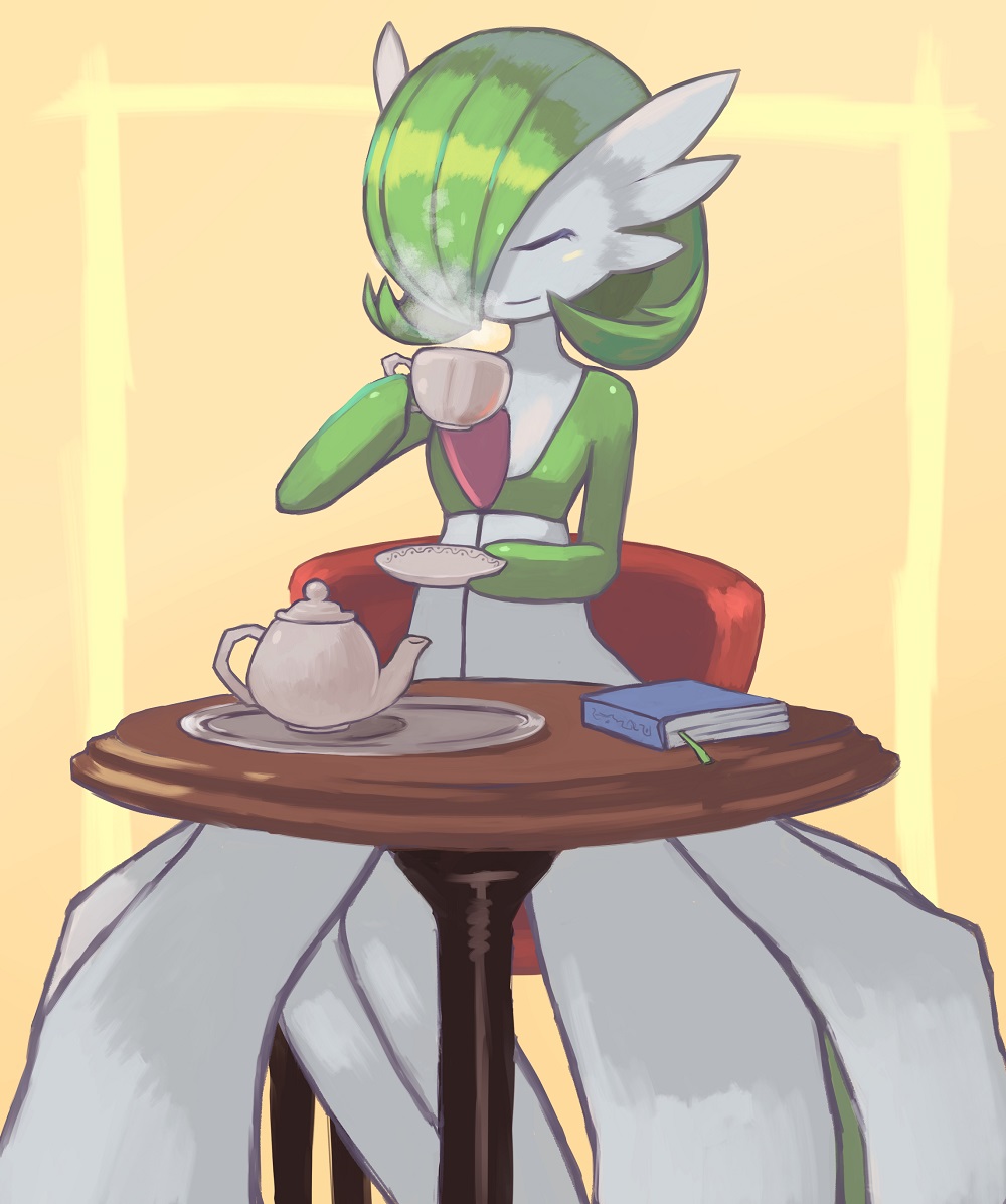 book, closed_eyes, cup, gardevoir, green_hair, holding_cup, no_humans, plate, pokemon, pokemon_(creature), sitting, smile, solo, steam, table, teacup, teapot, tesshii_(riza4828)