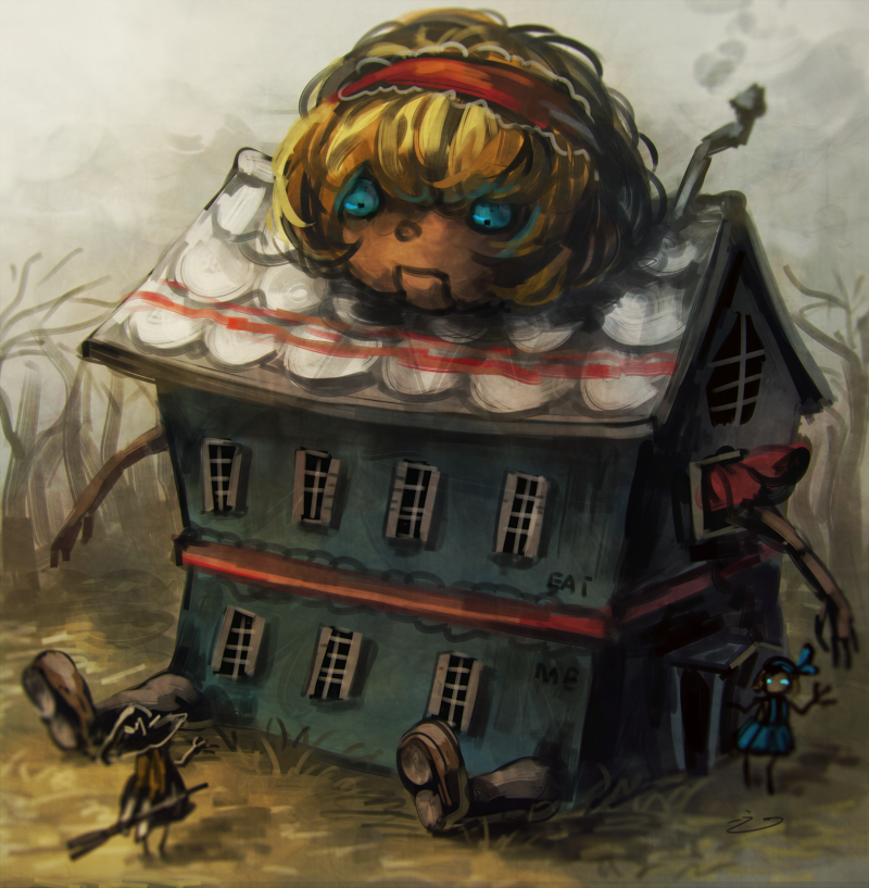 2girls, alice_margatroid, alice_margatroid_(pc-98), blonde_hair, blue_eyes, bow, capelet, doll_house, hair_bow, hairband, hat, house, kirisame_marisa, koto_inari, multiple_girls, ribbon, short_hair, smile, touhou, witch_hat