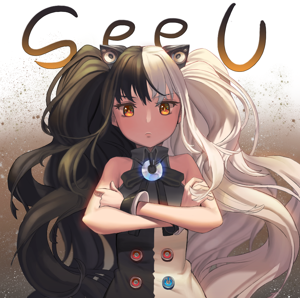 1girl, alternate_hair_color, bare_shoulders, black_hair, brown_eyes, cat_ear_headphones, crossed_arms, doyoom