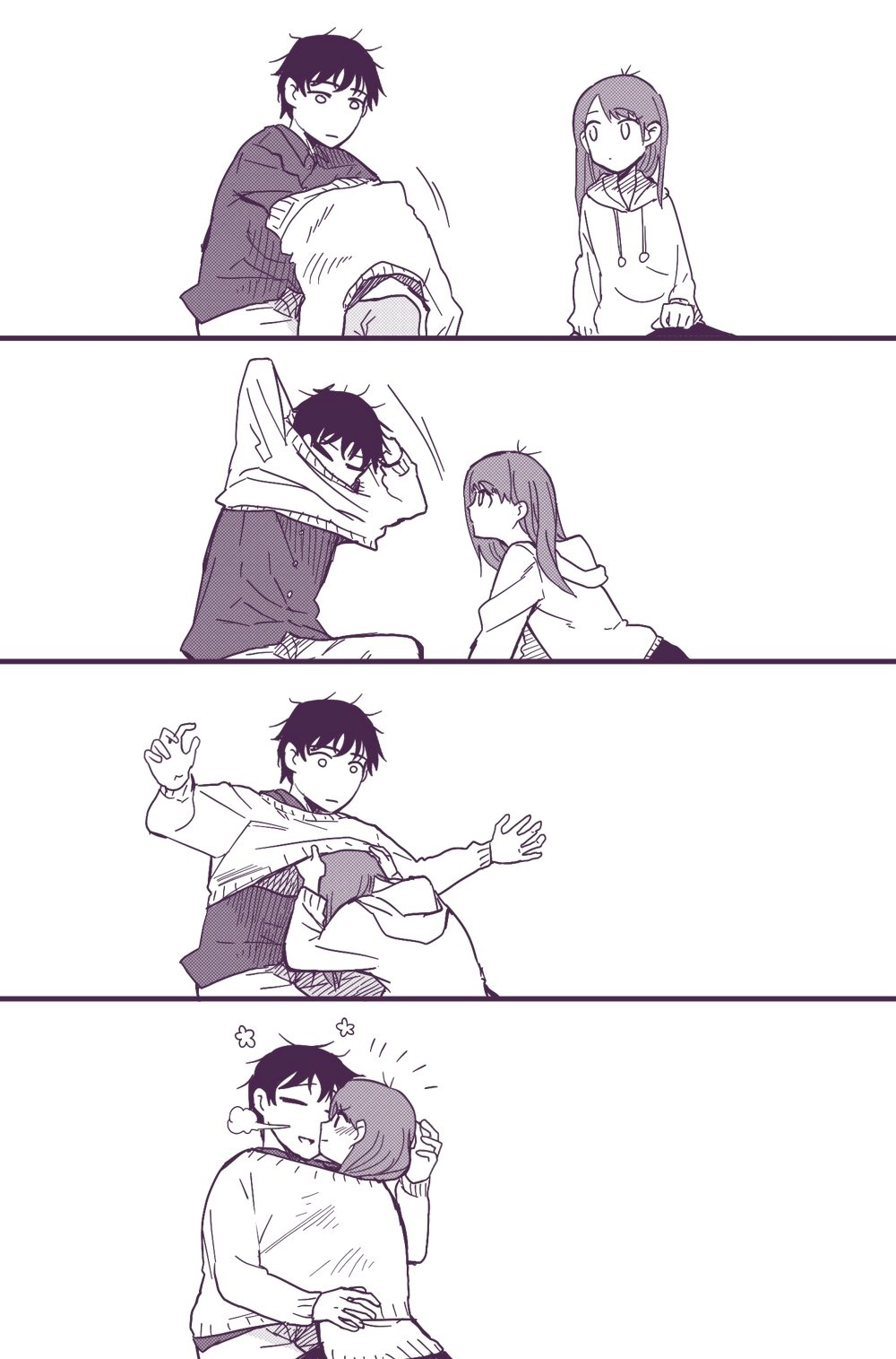 1boy, 1girl, arms_up, bangs, blush, breath, comic, couple, dress_shirt, dressing, flower, hetero, highres, hood_down, hoodie, hug, long_sleeves, looking_at_another, messy_hair, motion_lines, original, outstretched_arms, shared_sweater, shirt, silent_comic, smile, sweat, sweater, swept_bangs, tadano_(toriaezu_na_page)