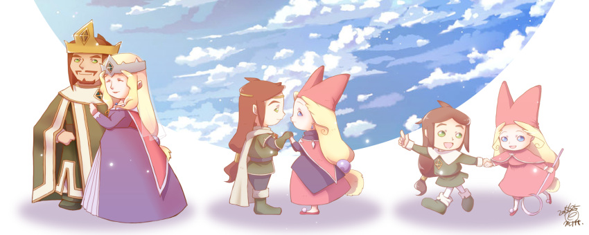 age_progression, blonde_hair, blue_eyes, brown_hair, cape, couple, crown, dress