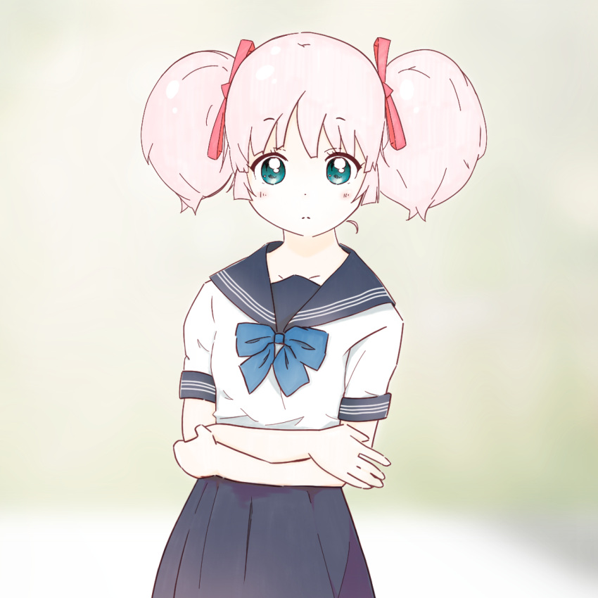 1girl, hair_bobbles, hair_ornament, highres, mozk, pink_hair, school_uniform, twintails, yoshikawa_chinatsu, yuri, yuru_yuri