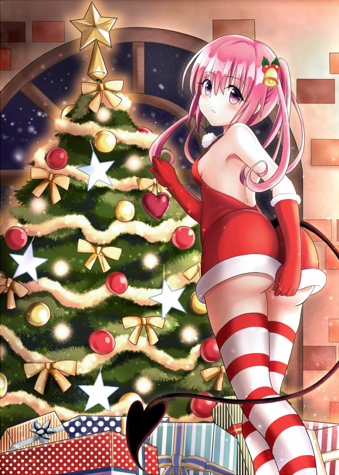 1girl, ass, christmas, christmas_tree, demon_tail, gloves, long_hair, nana_asta_deviluke