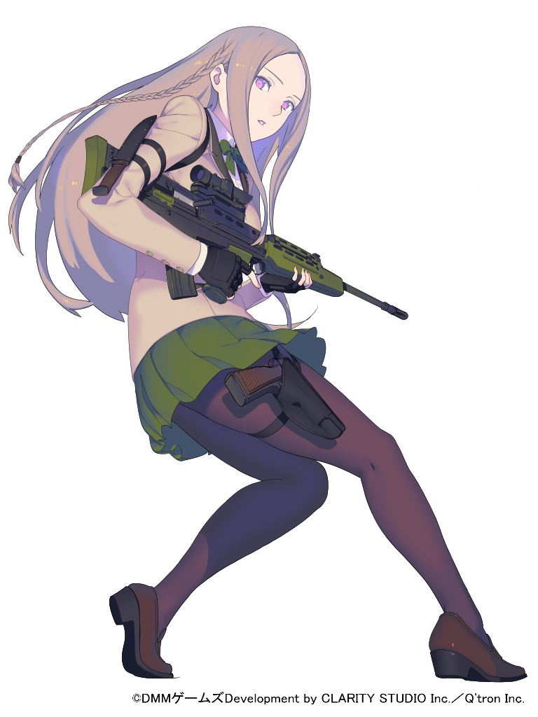 1girl, black_legwear, braid, brown_hair, copyright, fingerless_gloves, gloves, gun