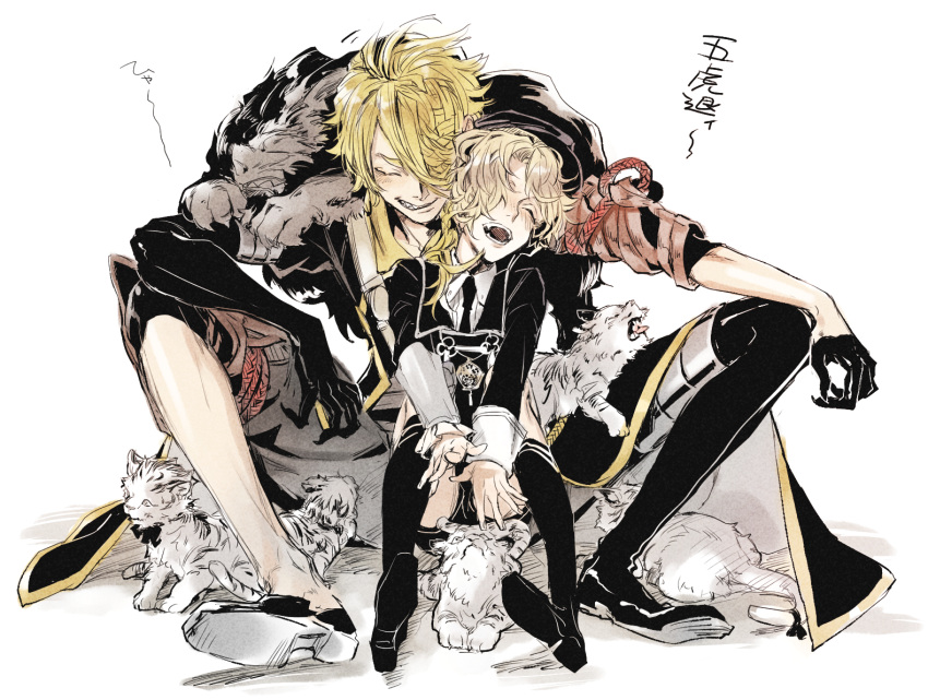 2boys, ^_^, black_gloves, black_legwear, blonde_hair, chawan_fukasu, closed_eyes, fangs
