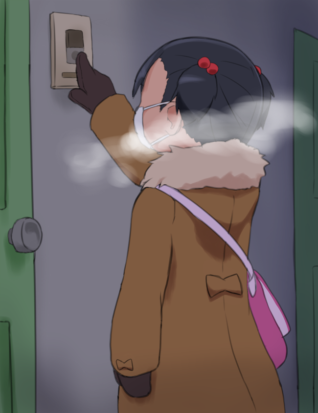 1girl, black_hair, bubukka, coat, doorbell, face_mask, gloves, mask