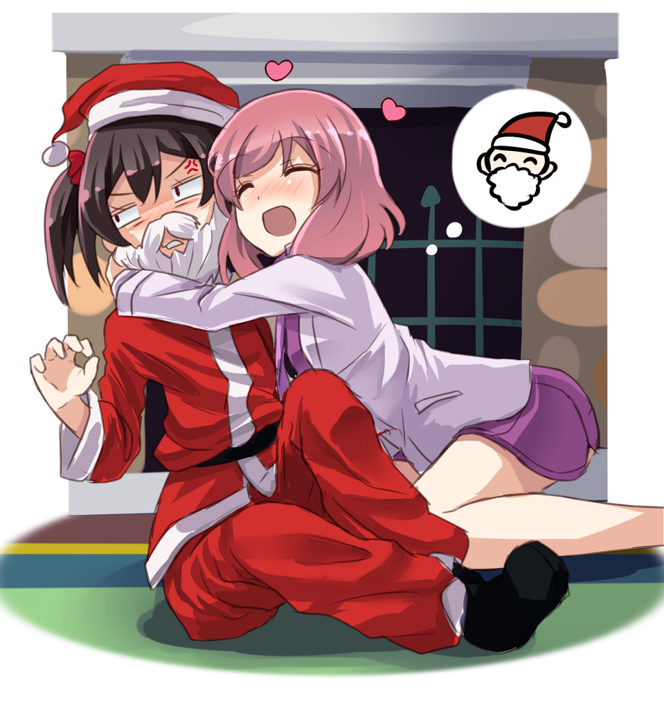 2girls, anger_vein, angry, annoyed, beard, black_hair, blush, bow