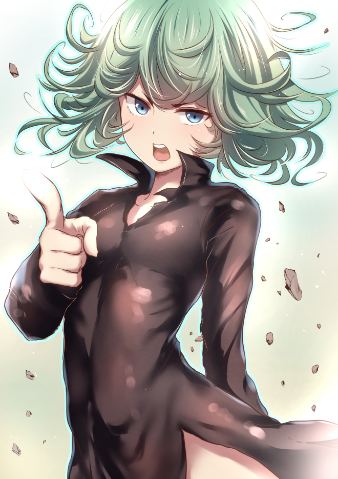1girl, black_dress, blue_eyes, dress, floating_rock, green_hair, looking_at_viewer, onepunch_man