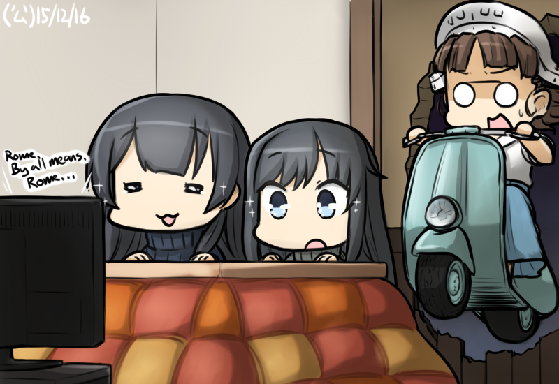 3girls, agano_(kantai_collection), alternate_costume, asashio_(kantai_collection), black_hair, blue_eyes, brown_hair, commentary_request