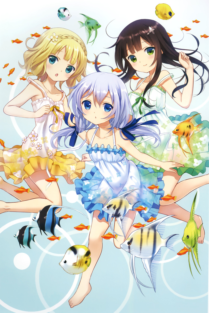 3girls, absurdres, bare_shoulders, barefoot, black_hair, blonde_hair, blue_eyes, blue_hair