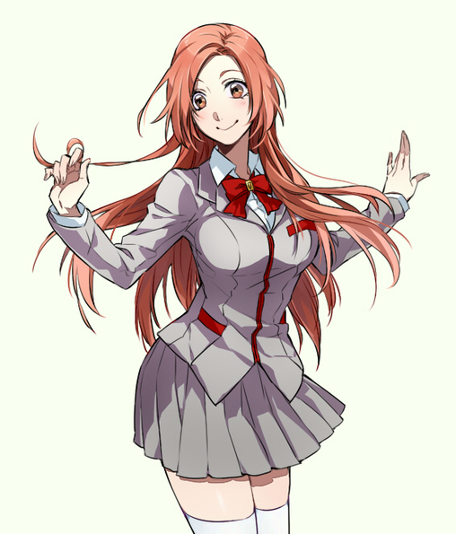 1girl, amiya, blazer, bleach, bow, bowtie, breasts, brown_eyes, closed_mouth, collared_shirt, cowboy_shot, feet_out_of_frame, female, grey_skirt, hairclip_removed, inoue_orihime, jacket, long_hair, long_sleeves, orange_hair, parted_bangs, pleated_skirt, red_bow, red_bowtie, school_uniform, simple_background, skirt, smile, solo, standing, thigh-highs, white_legwear, white_thighhighs, zettai_ryouiki
