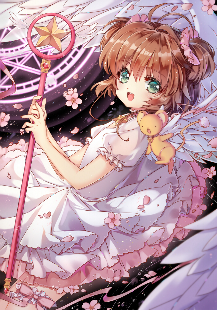 1girl, :d, angel_wings, antenna_hair, aqua_eyes, brown_hair, cardcaptor_sakura, cherry_blossoms