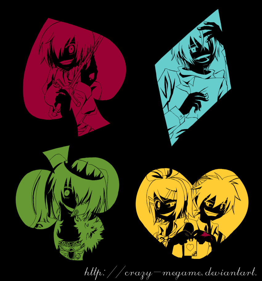 clubs, crazy-megame, crazy_eyes, creepy, diamond, diamond_(shape), hatsune_miku, heart, highres, hitobashira_alice_(vocaloid), holding, holding_card, kagamine_len, kagamine_rin, kaito, meiko, monochrome, multiple_monochrome, playing_card, playing_card_theme, playing_cards, smile, spade, sword, vocaloid, weapon
